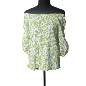 Emily Daniels Green Leaf Print Off-Shoulder Top, Size Small